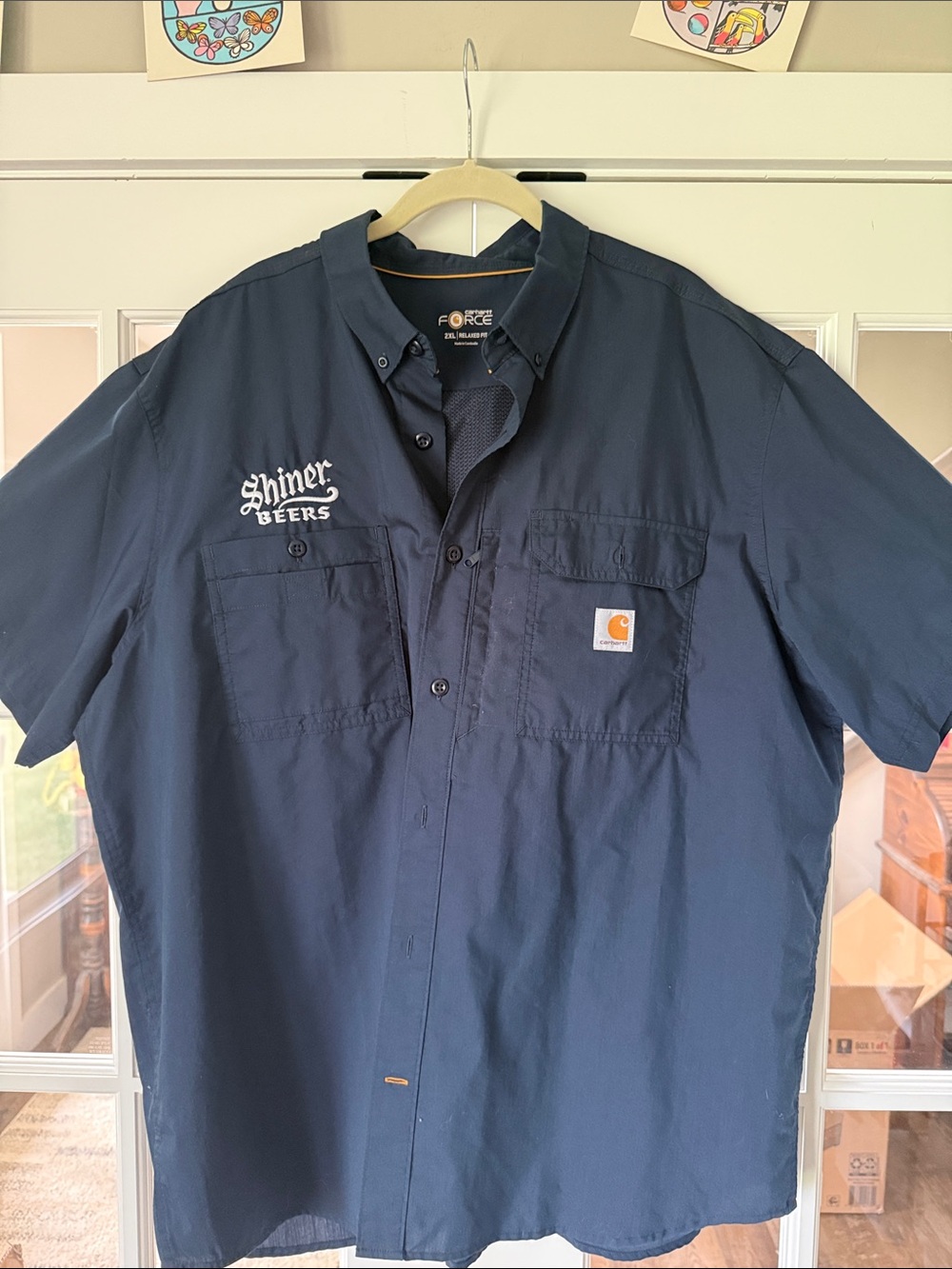 Carhartt Navy Short-Sleeve Button-Down Work Shirt “Shiner Beers” Embroidery 2XL